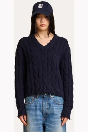 Denimist Strik, Dame, Blå, L, Bomuld, Navy Cable V-Neck Sweater