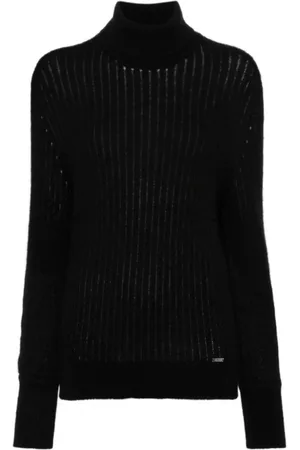 Kiton Strik, Dame, Sort, XL, Uld, Sort ribstrikket jumper med rullekrave