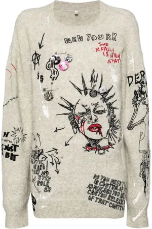 R13 Strik, Dame, Flerfarvet, XS, Uld, Broderet Boyfriend Sweater med Havregryn Broderi