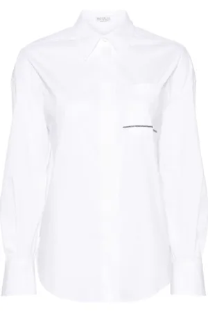Brunello Cucinelli Bluser & Skjorter, Dame, Hvid, M, Bomuld, Hvid poplin skjorte med Monili-kæde