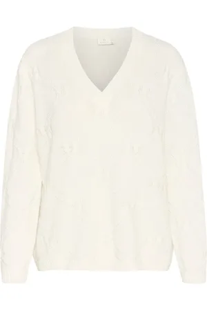 Kaffe Strik, Dame, Hvid, 2XL, Bomuld, Strik Pullover med V-hals og Mønster