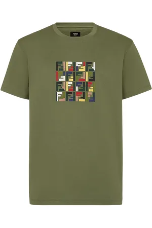 Fendi Top, Herre, Grøn, L, Bomuld, Broderet FF-mønster grøn T-shirt