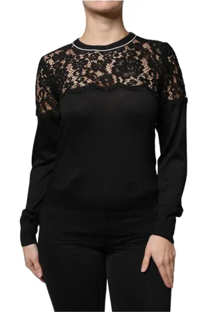 Dolce & Gabbana Bluser & Skjorter, Dame, Sort, S, Bomuld, Sort Blomstret Blonde Silkebluse Top
