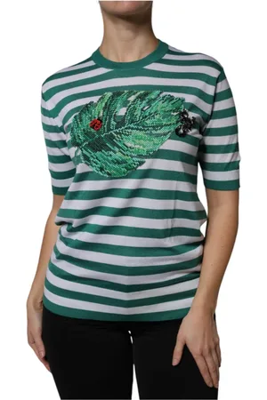 Dolce & Gabbana Top, Dame, Flerfarvet, 3XS, Stribet Blad Crew Neck T-shirt