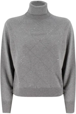 PESERICO SIGN Strik, Dame, Grå, S, Uld, Turtleneck Jumper med Geometriske Sting Detaljer