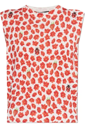 VERSACE Top, Dame, Rød, XS, Tyl, Silketop med blomstermotiv