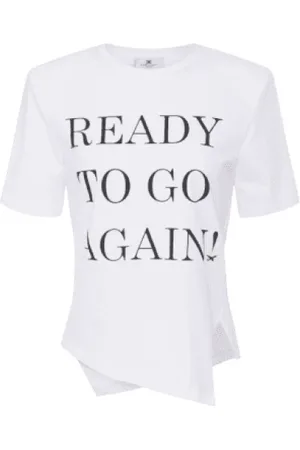 Elisabetta Franchi Top, Dame, Hvid, L, Bomuld, Asymmetrisk Jersey T-shirt med Bogstaver