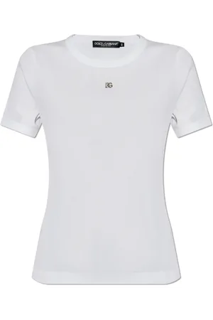 Dolce & Gabbana Top, Dame, Hvid, 2XS, Bomuld, Ribbet t-shirt med logoformet applikation