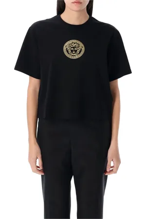 VERSACE Top, Dame, Sort, XS, Uld, Sort Guld Medusa Crop T-Shirt