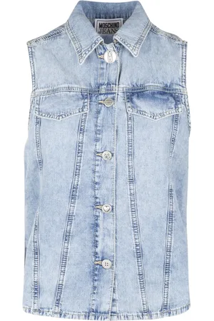 Moschino Jakke, Dame, Blå, M, Denim, Denim Ærmeløs Skjorte med Unikke Knapper