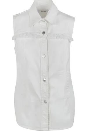 Mauro Grifoni Bluser & Skjorter, Dame, Hvid, L, Denim, Hvid Denim Ærmeløs Skjorte med Frynser