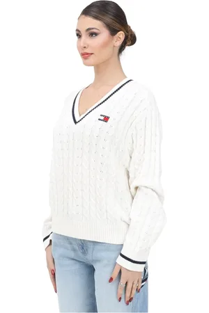 Tommy Hilfiger Strik, Dame, Hvid, M, Creme Striktrøje med V-hals