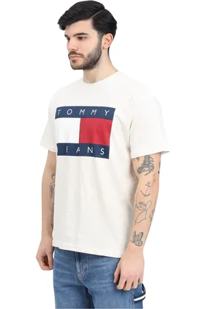 Tommy Hilfiger Top, Herre, , XL, Bomuld, Creme T-shirt med Flag Logo