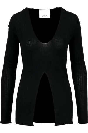 ERIKA CAVALLINI Strik, Dame, Sort, M, Uld, Sort Merinould Ribstrikket Sweater