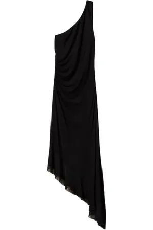 Twin-Set Kjole, Dame, Sort, XS, Uld, Asymmetrisk Midi Kjole med Georgette Ruffle
