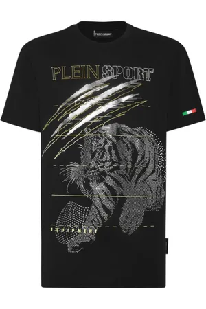 Philipp Plein Top, Herre, Sort, L, Bomuld, Kortærmet Bomuld Jersey T-shirt med Lamineret Print og Rhinestones