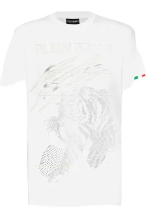 Philipp Plein Top, Herre, Hvid, M, Bomuld, Kortærmet bomuldst-shirt med lamineret tryk og rhinsten