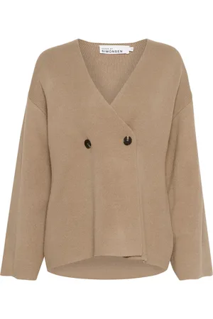 Karen by Simonsen Strik, Dame, , XL, Uld, Taupe Cardigan med V-Hals og Knapper
