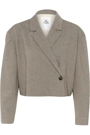 Karen by Simonsen Jakke, Dame, Grå, 2XL, Uld, Asymmetrisk Knap Blazer Valnød Melange
