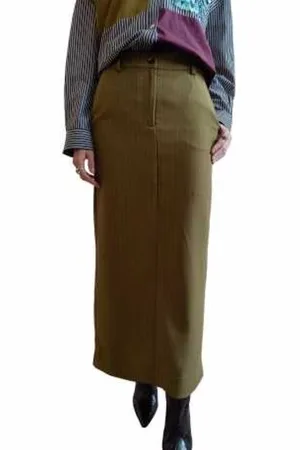 Essentiel Antwerp Nederdel, Dame, , L, Stribet Khaki Lang Nederdel