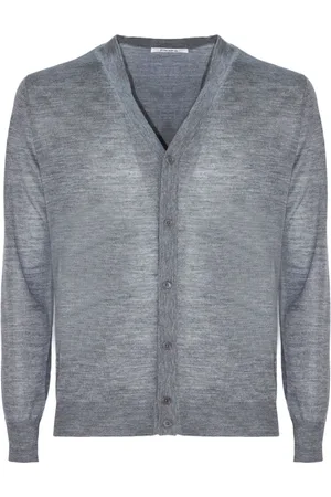 KANGRA CASHMERE Strik, Herre, Grå, L, Uld, Grå uld cardigan med knaplukning