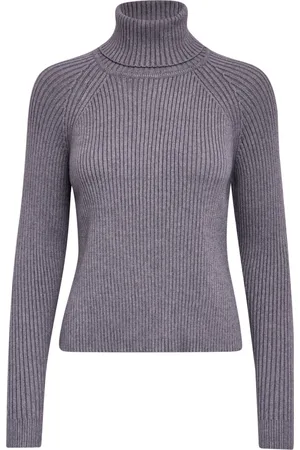 Minus Strik, Dame, Grå, XL, Uld, Ribstrik Rullekravebluse, Lysegrå Melange