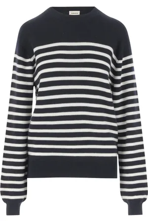 Khaite Strik, Dame, Blå, S, Cashmere, Stribet Cashmere Crew Neck Sweater