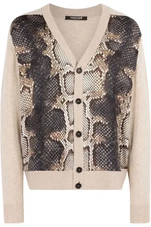 Roberto Cavalli Strik, Herre, Flerfarvet, M, Uld, Python-Print Uld Cardigan V-hals