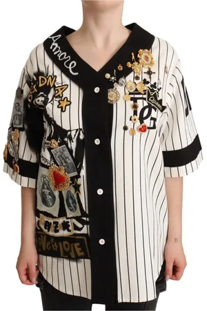 Dolce & Gabbana Bluser & Skjorter, Dame, Flerfarvet, XS, Bomuld, Elegant Stribet Bluse med V-Hals og Vedhng