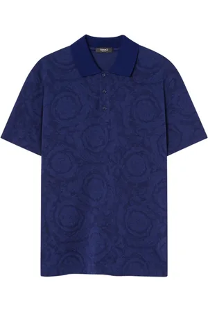 VERSACE Top, Herre, Blå, 3XL, Bomuld, Blå Barocco Print Polo Skjorte