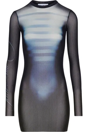 Jean Paul Gaultier Kjole, Dame, Blå, S, Blå Print Kort Kjole med Gennemsigtigt Design