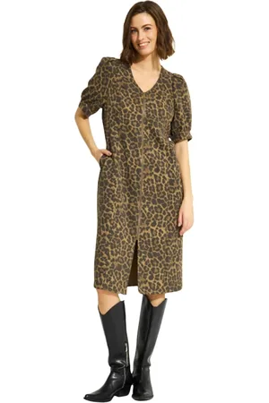 In Front Kjole, Dame, Brun, L, Bomuld, Leopard Print Kjole med Frontslids