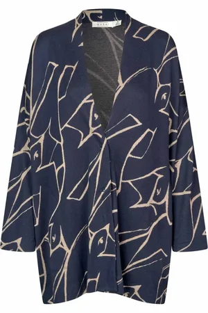 Masai Strik, Dame, Blå, L, Lang Cardigan med Fugleprint