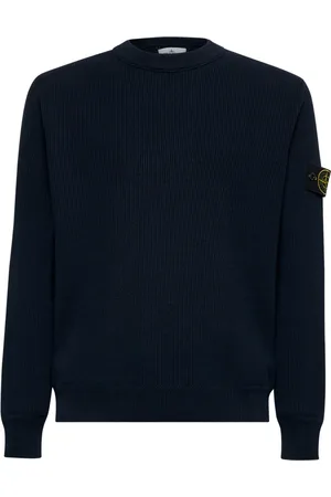 Stone Island Strik, Herre, Blå, 2XL, Bomuld, Blå Ribstrikket Sweater med Badge-detalje