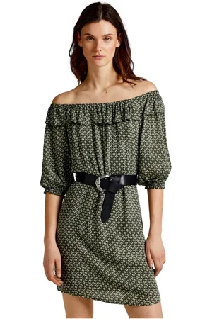 Pepe Jeans Kjole, Dame, Grøn, L, Kort Geometrisk Print Kjole med Flæser