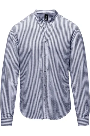 Bomboogie Skjorte, Herre, Blå, 2XL, Bomuld, Stribet linned/bomuldsskjorte med mandarin-krave