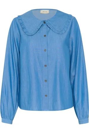 Cream Bluser & Skjorter, Dame, Blå, 2XL, Denim, Blå Denim Feminin Skjorte med Rynkekant