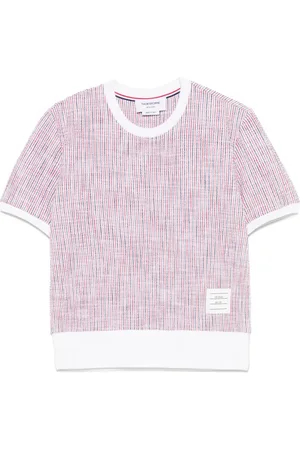 Thom Browne Top, Dame, Rød, XS, Bomuld, Stribet Logo Patch Crew Neck T-shirt