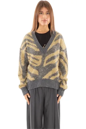 BABYLON Strik, Dame, Flerfarvet, L, Animalier V-Neck Sweater i Grigio
