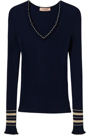 Twin-Set Strik, Dame, Sort, XL, Sort V-hals sweater med Lurex-detaljer