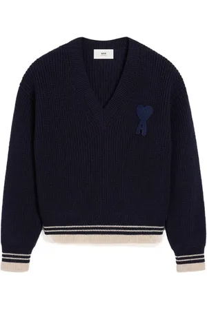 Ami Strik, Herre, Blå, XL, Uld, Ribstrikket sweater med broderede patches