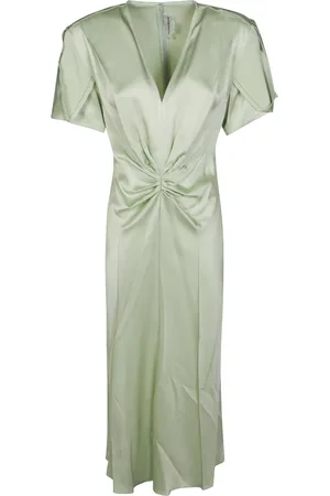 Victoria Beckham Kjole, Dame, Grøn, 2XS, V-Neck Midi Kjole med Rynket Detalje