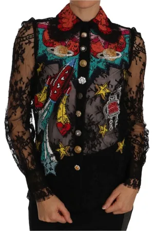 Dolce & Gabbana Bluser & Skjorter, Dame, Sort, 3XS, Bomuld, Blomstret bluse med krystaller
