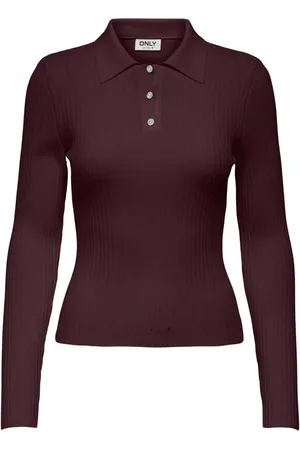 ONLY Top, Dame, Rød, XL, Ribbet Polo Skjorte Langærmet