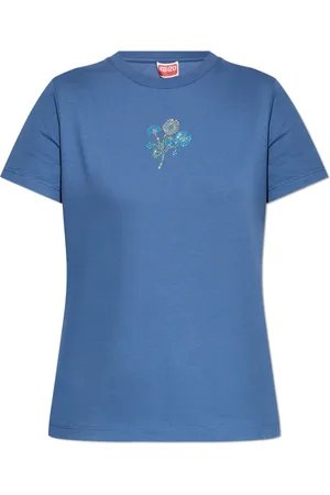 Kenzo Top, Dame, Blå, M, Bomuld, T-shirt med skinnende applikationer