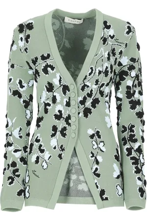 Lanvin Strik, Dame, Grøn, M, Polyester, Grøn Blomstret V-Hals Cardigan