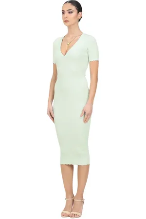 Elisabetta Franchi Kjole, Dame, Grøn, XS, Mintgrøn Midi Kjole Ribbet V-Hals