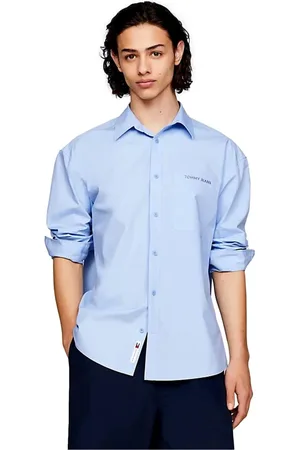 Tommy Hilfiger Skjorte, Herre, Blå, L, Bomuld, Klassisk Skjorte med Bredt Snit og Broderet Logo