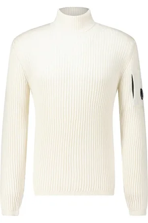 C.P. Company Strik, Herre, Hvid, XL, Uld, Ribstrikket turtleneck sweater med lynlåslomme