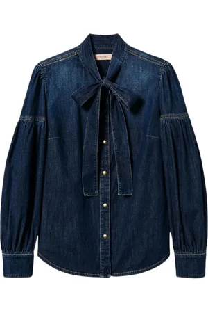 Twin-Set Bluser & Skjorter, Dame, Blå, S, Denim, Blå Skjorte med Trykknaplukning